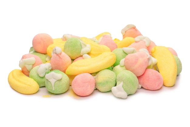 Mix of jelly colorful candys and marshmallows isolated on white background