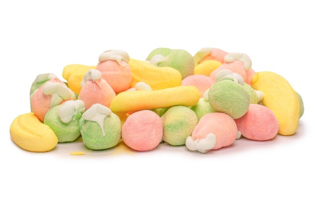 Mix of jelly colorful candys and marshmallows isolated on white background