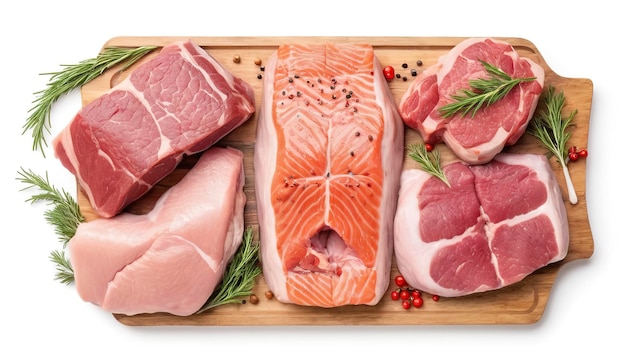 Mix of meat raw steaks salmon beef pork and chicken Isolated on white background