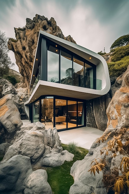 현대 건축 주택과 동굴 Ai 생성의 혼합