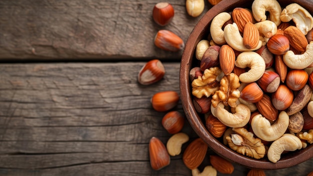 Mix of nuts in bowl on wooden table Top view with copy space