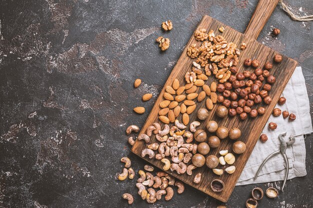 Mix of nuts on cutting board
