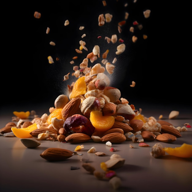 Mix of nuts and dried apricots on a dark background