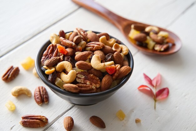 Mix nuts and dried fruits background and wallpaper. Seen in top view of mix nuts and dried fruits in the bowl.