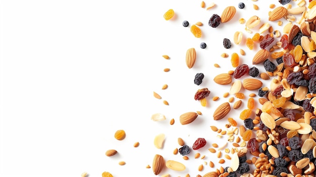 Mix of nuts and dried fruits on white background Healthy food concept