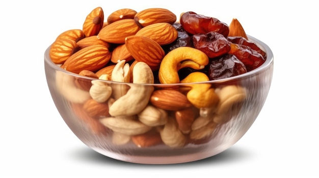 Mix nuts dry fruits in glass bowl isolated on white background