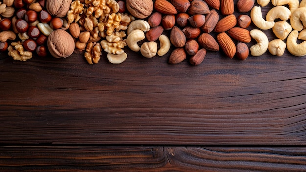 Mix of nuts on wooden background Nuts background Top view