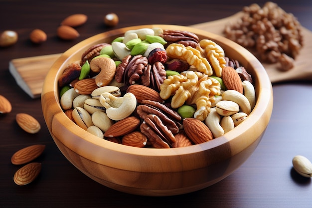 Photo mix of nuts in wooden bowl on wooden background healthy food concept