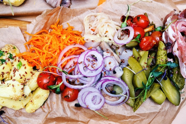 Mix of pickled vegetables on a banquet table