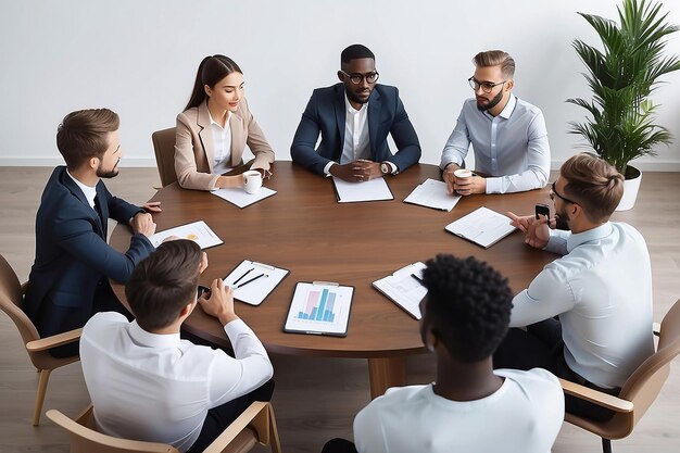 Mix race zakenmensen team zit aan een ronde tafel te bespreken en koffie te drinken tijdens conferentie bijeenkomst teamwerk