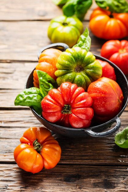 Mix of red, orange and green tomatoes