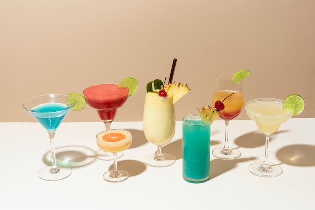 Mix of retro cocktails on a bar counter