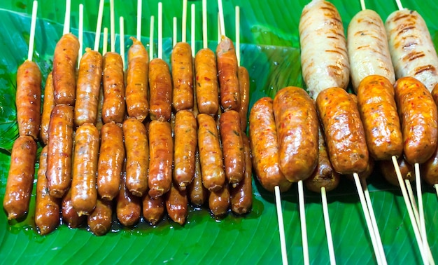 Mix sausage steamed at thai street marketstreet food thailand meat ball Thai cuisine