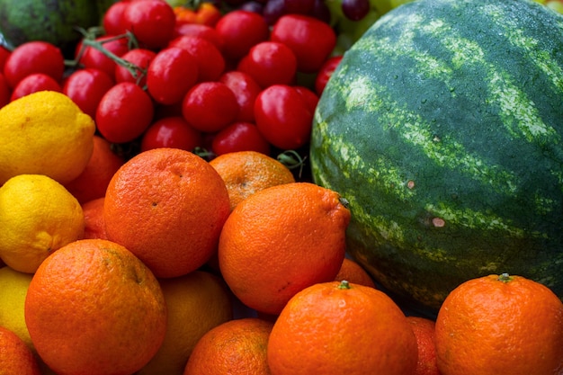 Mix set of vegetables and fruits Vitamin boom Closeup of vegetables and fruits Watermelon lemons and oranges