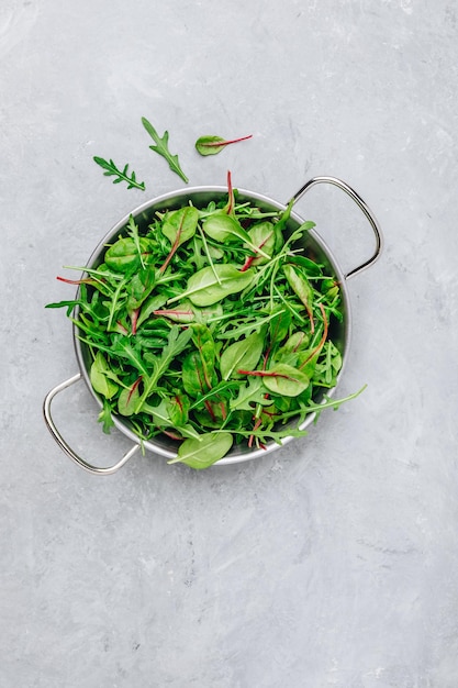 Mix of spring fresh leaves with arugula lettuce spinach beets Ingredients for salad on a gray stone background