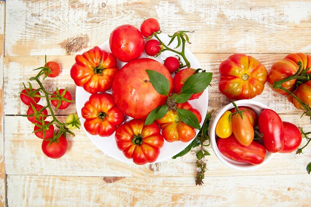 Mix of tomatoes background. Beautiful juicy organic red tomatoes