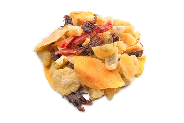 Mix van gedroogd exotisch fruit mangoschijfjes ananas passievrucht papaya