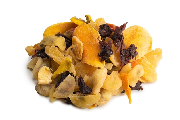 Mix van gedroogd exotisch fruit mangoschijfjes ananas passievrucht papaya