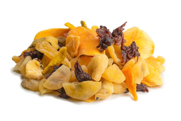 Mix van gedroogd exotisch fruit mangoschijfjes ananas passievrucht papaya