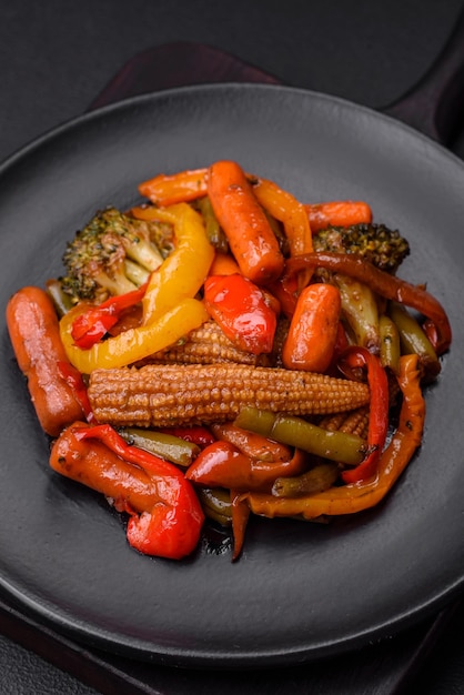 Mix van groenten mais wortelen paprika broccoli uien in teriyaki saus