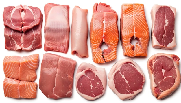 Mix van rauw vlees steaks zalm rundvlees varkensvlees en kip geïsoleerd op witte achtergrond