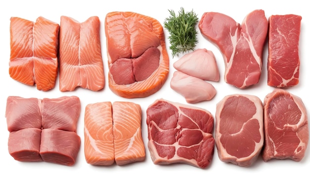 Mix van rauw vlees steaks zalm rundvlees varkensvlees en kip geïsoleerd op witte achtergrond