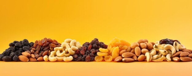 Mix van verschillende soorten noten en gedroogd fruit gezonde voeding panorama Generatieve Ai