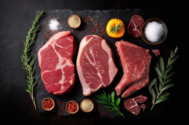 Mix van vlees, rauwe steaks, zalm, rundvlees, varkensvlees en kip zwarte achtergrond bovenaanzicht kopieer ruimte