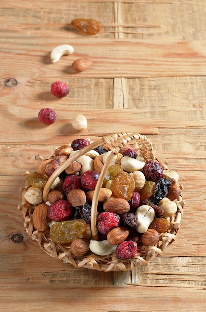 Mix of various nuts and dried fruit in basket