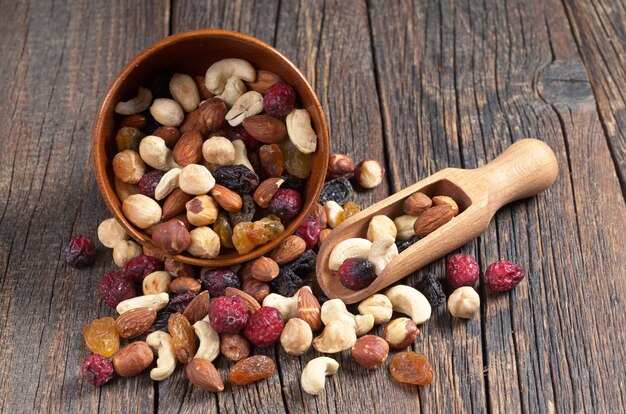 Mix of various nuts and dried fruit in bowl