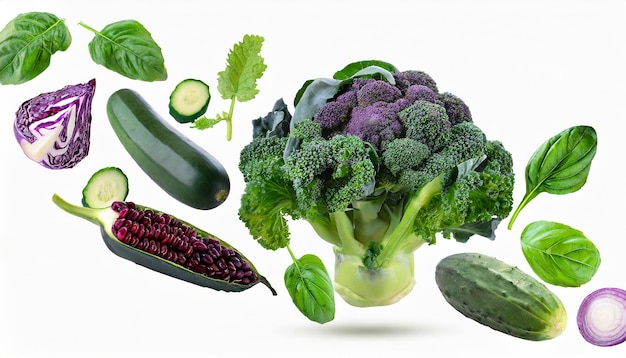 Photo mix vegetable with broccoli kale leaf basil leaves cucumber bitter gourd and red cabbage flying in t