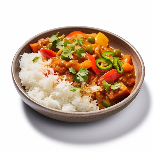 mix of vegetables curry with rice on the white background