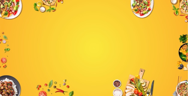 Photo mix vegetables and food isolated on yellow background