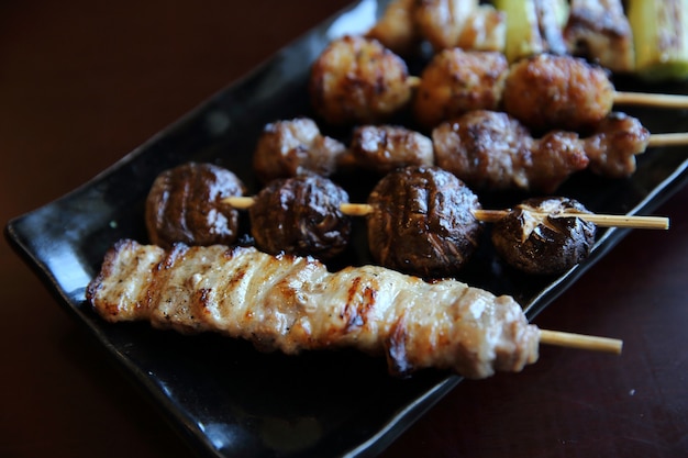 Mix yakitori pork and chicken japanese food