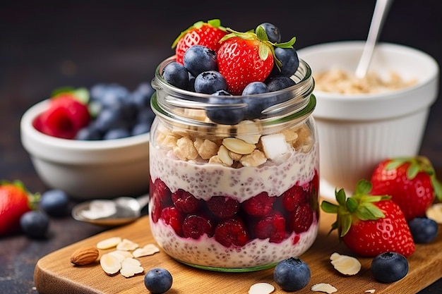 Mixed berries overnight oats with almond flakes in a glass jar healthy breakfast