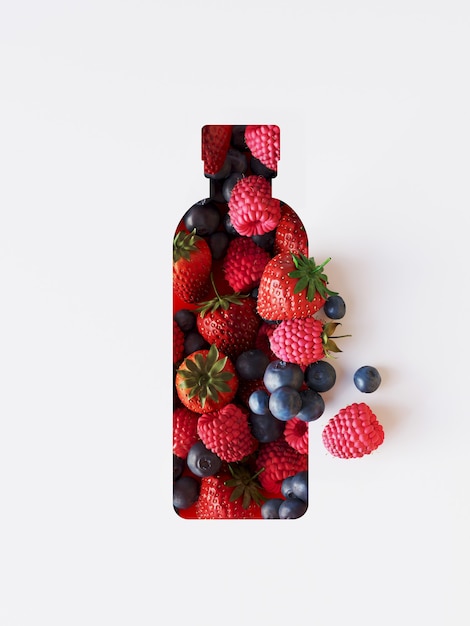 Mixed berry underlay with paper cut shape of bottle.