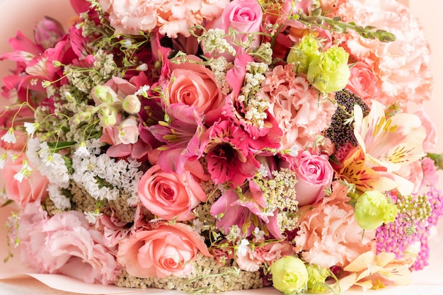 mixed bouquet of roses, alstroemeria flowers, eustomas