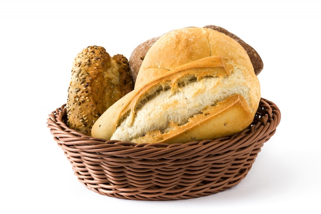 Mixed bread in basket on white