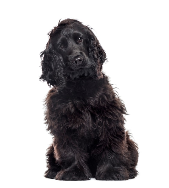 Mixed-breed Dog sitting in front of white background