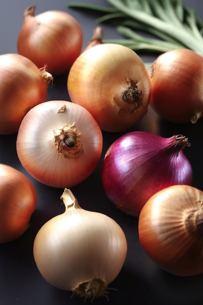 Photo mixed colored onions on table top