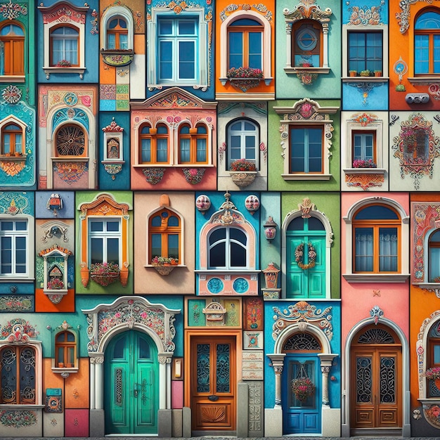 다채로운 창문 벽과 문