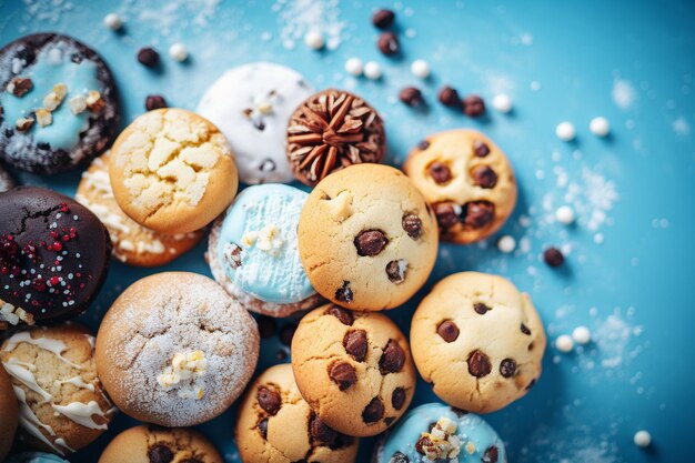 Mixed cookies on a blue background