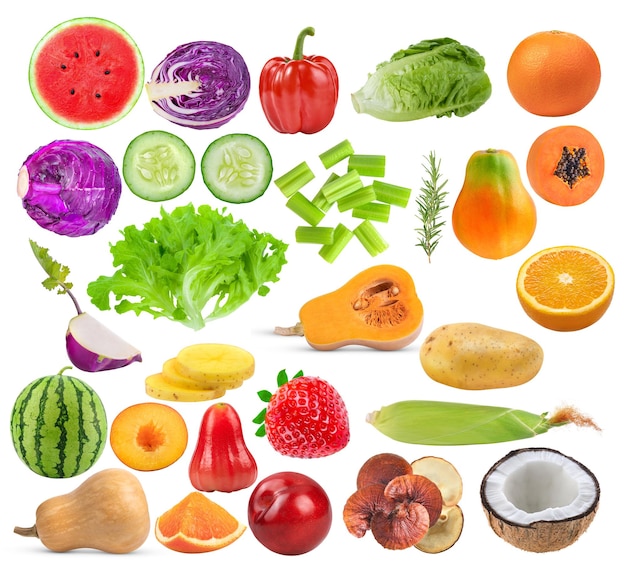 Photo mixed of different fruits and vegetable isolated on white background