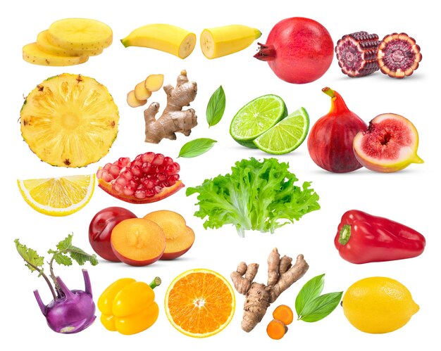 Mixed of different fruits and vegetable isolated on white background