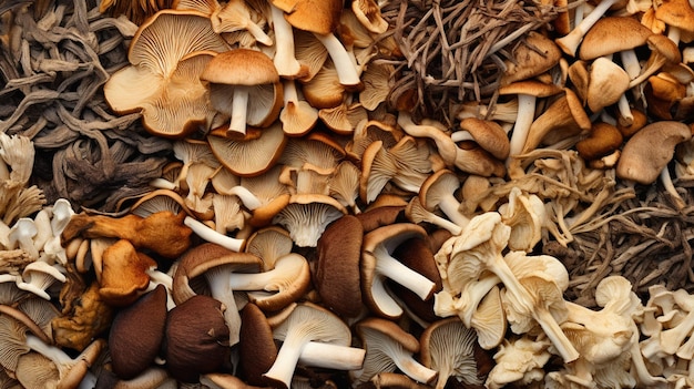 Photo mixed dried mushroom assortment of dried mushrooms different species of dry fungi ai generative