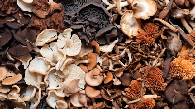 Photo mixed dried mushroom assortment of dried mushrooms different species of dry fungi ai generative