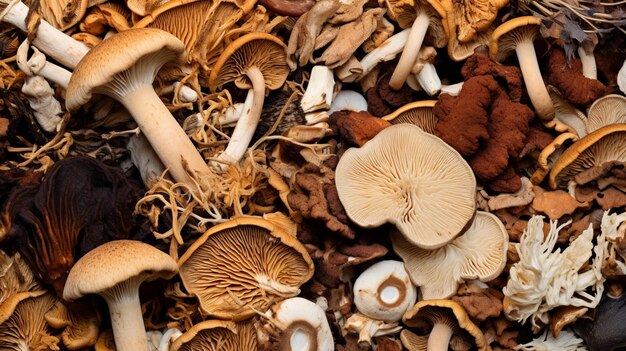 Mixed dried mushroom Assortment of dried mushrooms Different species of dry fungi AI Generative