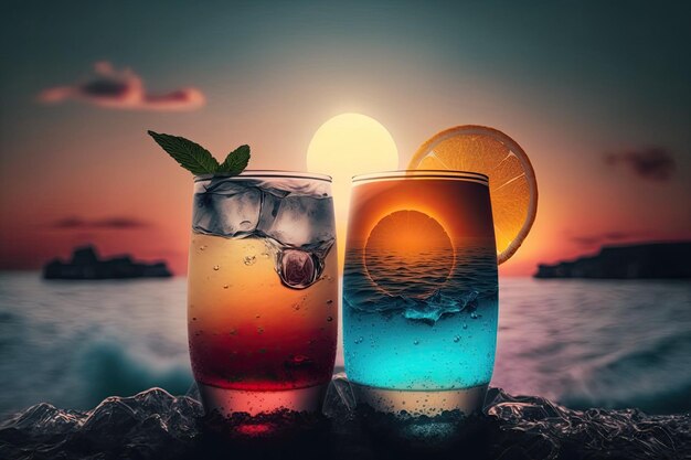 Mixed drinks with a hazy beach and sunset