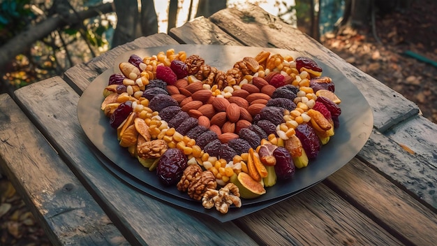 Photo mixed dryfruits in heart shape over wooden table