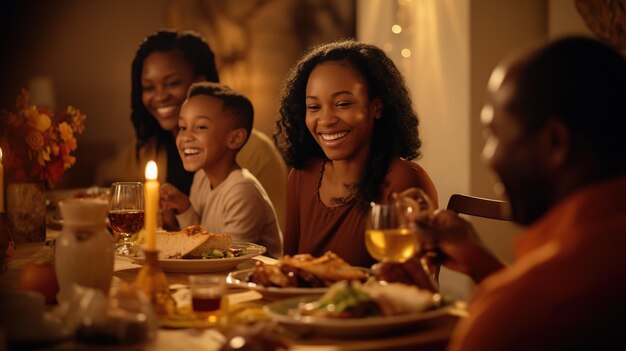 Mixed ethnic family having fun at the Thanksgiving table